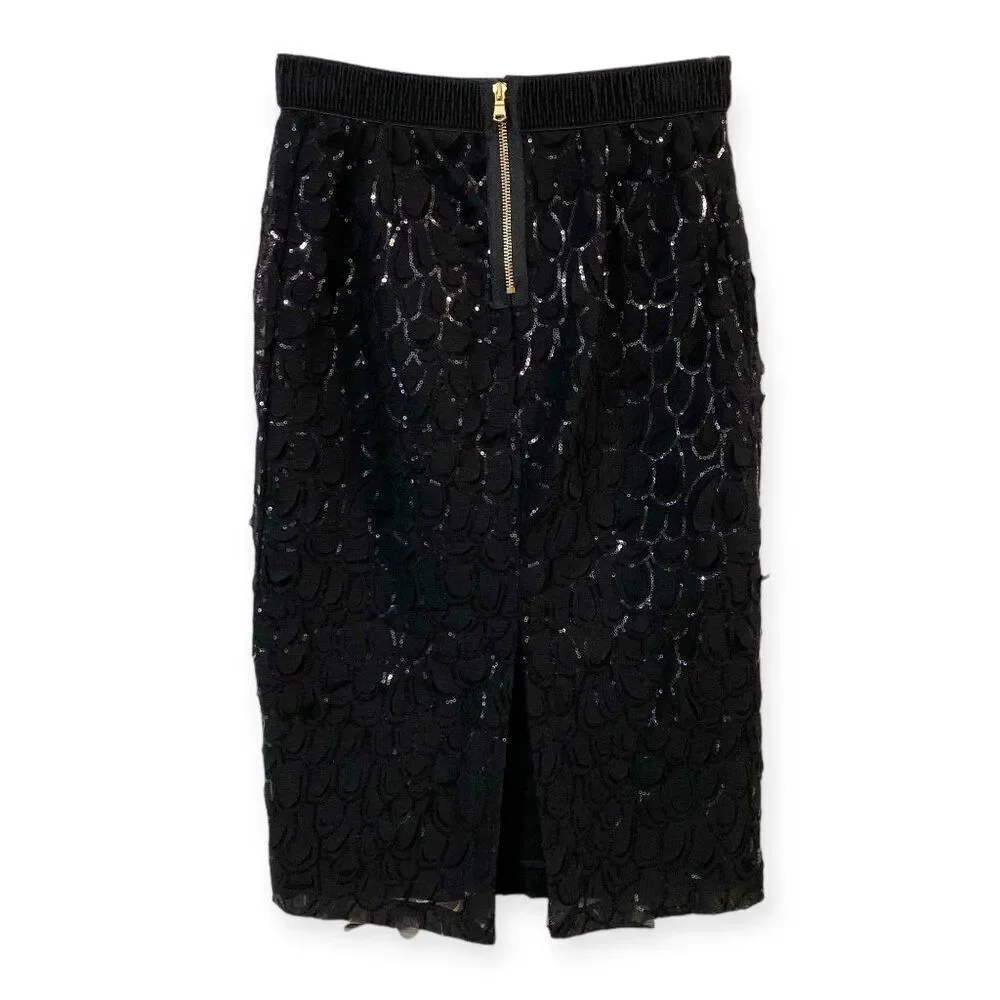 Black Sequins Scallop Detailed Formal Pencil Knee Length Skirt NEW